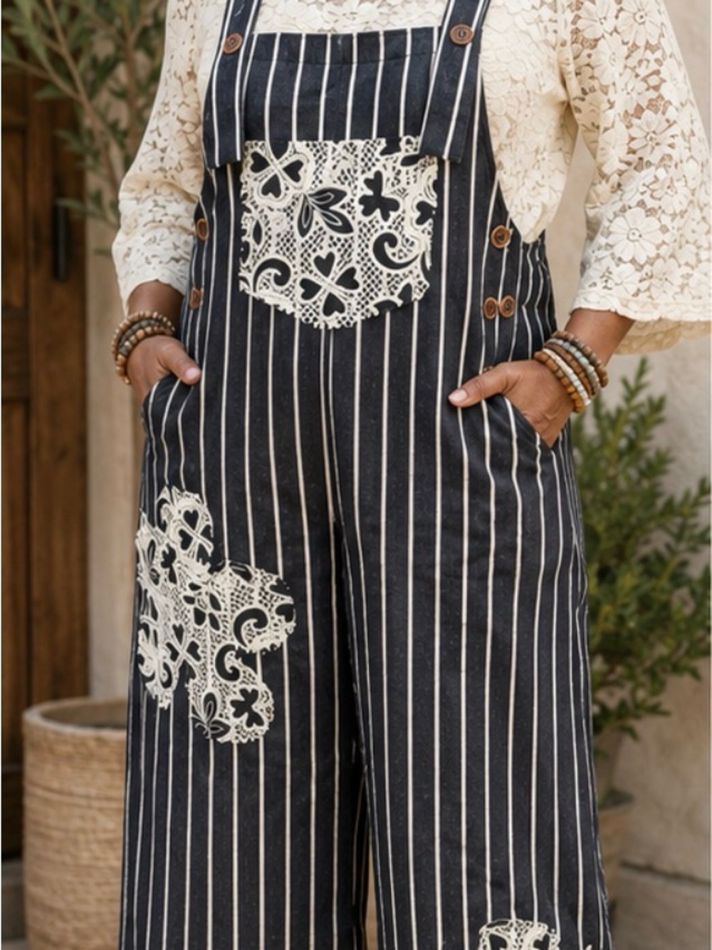 DAVI & DANI Black Striped Lace-Appliqué Overalls Sz 1XL P2P 23’ -NWT - Picture 2 of 3
